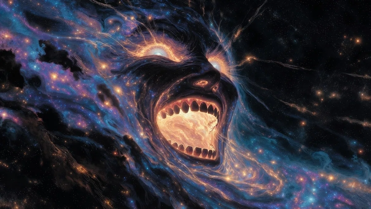 宇宙空間にが捻じれて狂気的に笑う顔を形成し、両目と口が星間物質のようなもので光り輝いている。