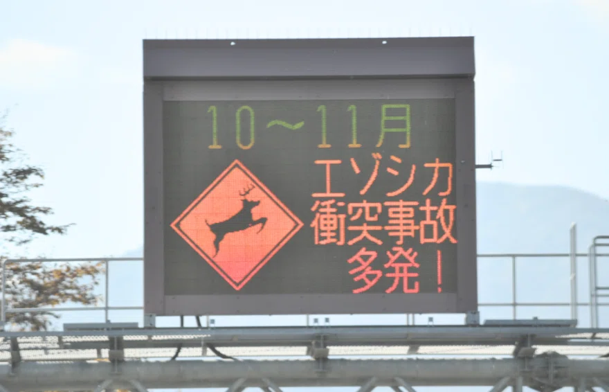 可変式標示版に表示される「シカに注意」 (北海道)｜道路標識マニア