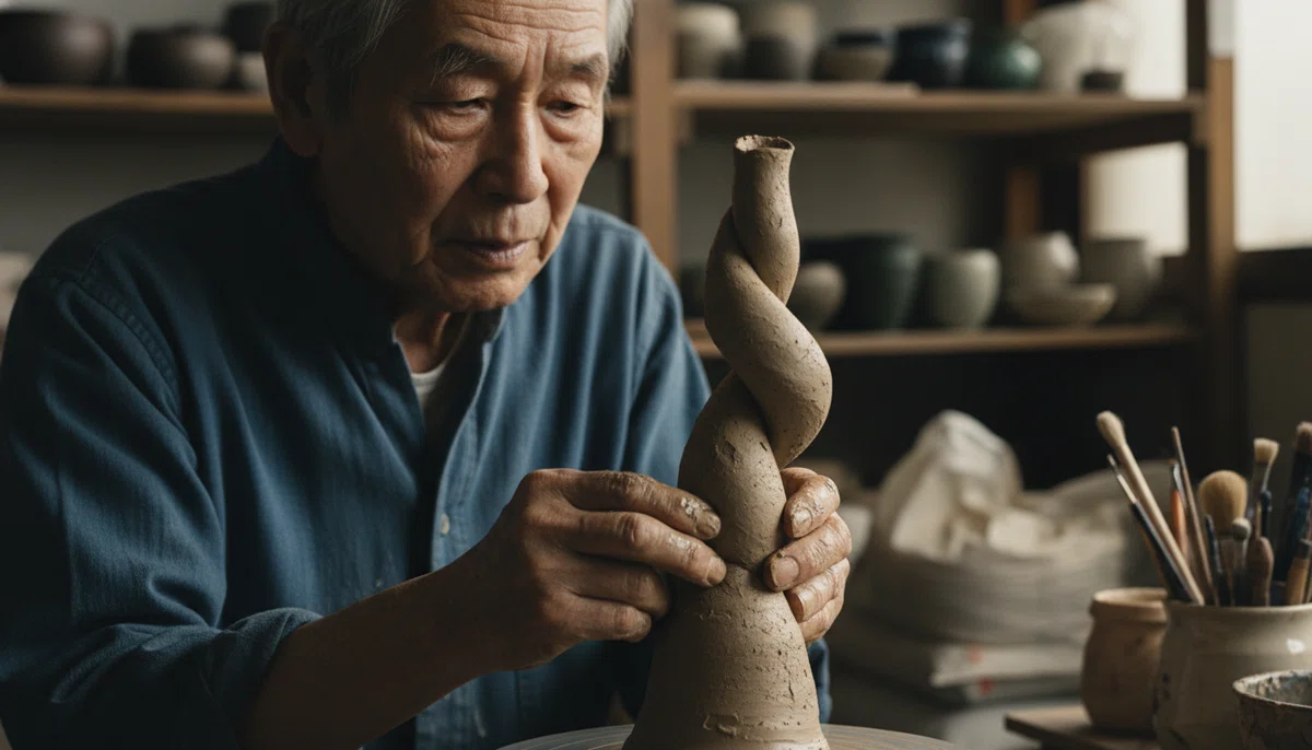 陶芸の工房で、真剣な表情で粘土を螺旋状に形作る年配の男性。手は泥にまみれ、背景には焼き上がる前の器や道具が並んでいる。窓からの柔らかい光が手元を照らしている。