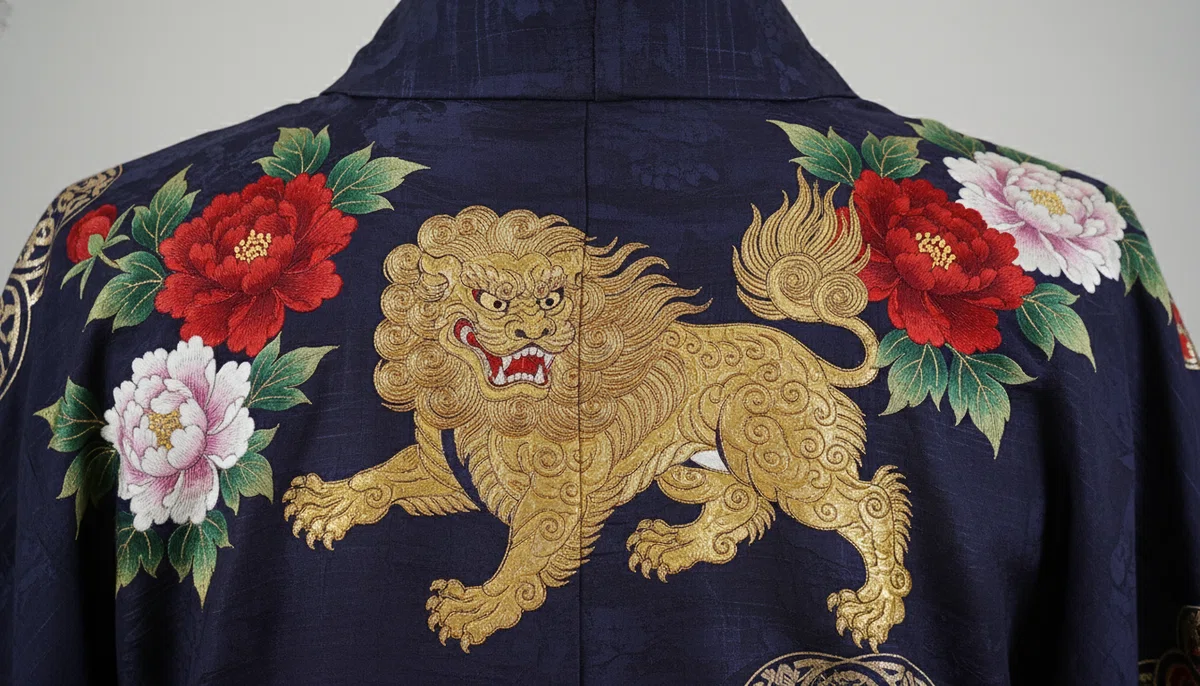 濃紺の着物の背中に刺繍された、黄金の唐獅子と紅白の牡丹の花。緻密な刺繍が施され、唐獅子は勇猛な表情で前方を見据えている。