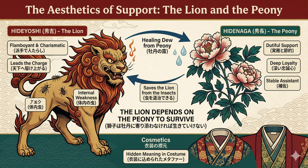豊臣秀吉（獅子）と豊臣秀長（牡丹）の関係性を描いたインフォグラフィック。派手な獅子には「体内の虫」という弱点があり、牡丹から滴る露がそれを癒やすという「獅子身中の虫」の伝承に基づいた図解。