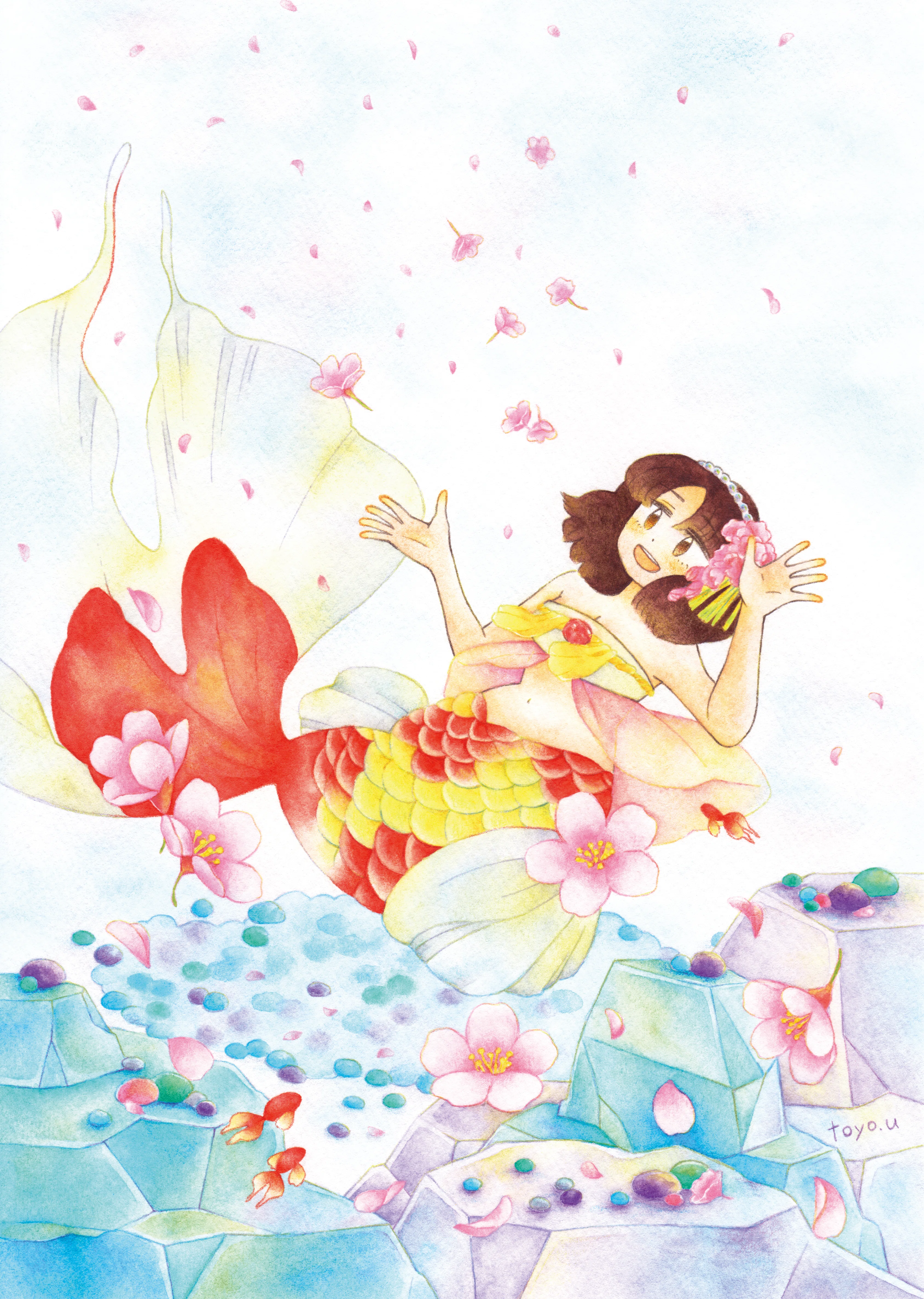 桜と金魚姫｜春の一枚ができるまで①｜梅村とよ｜短歌と色鉛筆と水彩