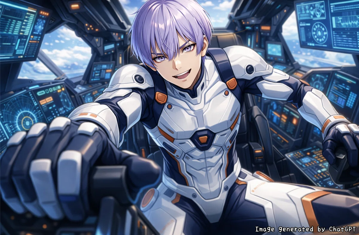 ChatGPTで生成したロボットパイロット隊長が機体(ロボット)に乗って操縦しているロボットアニメ風イラスト