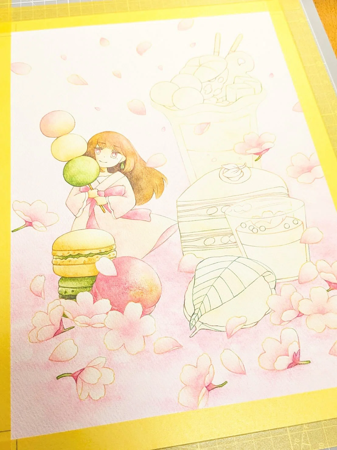 桜スイーツと妖精ちゃん｜春の一枚ができるまで②｜梅村とよ｜水彩