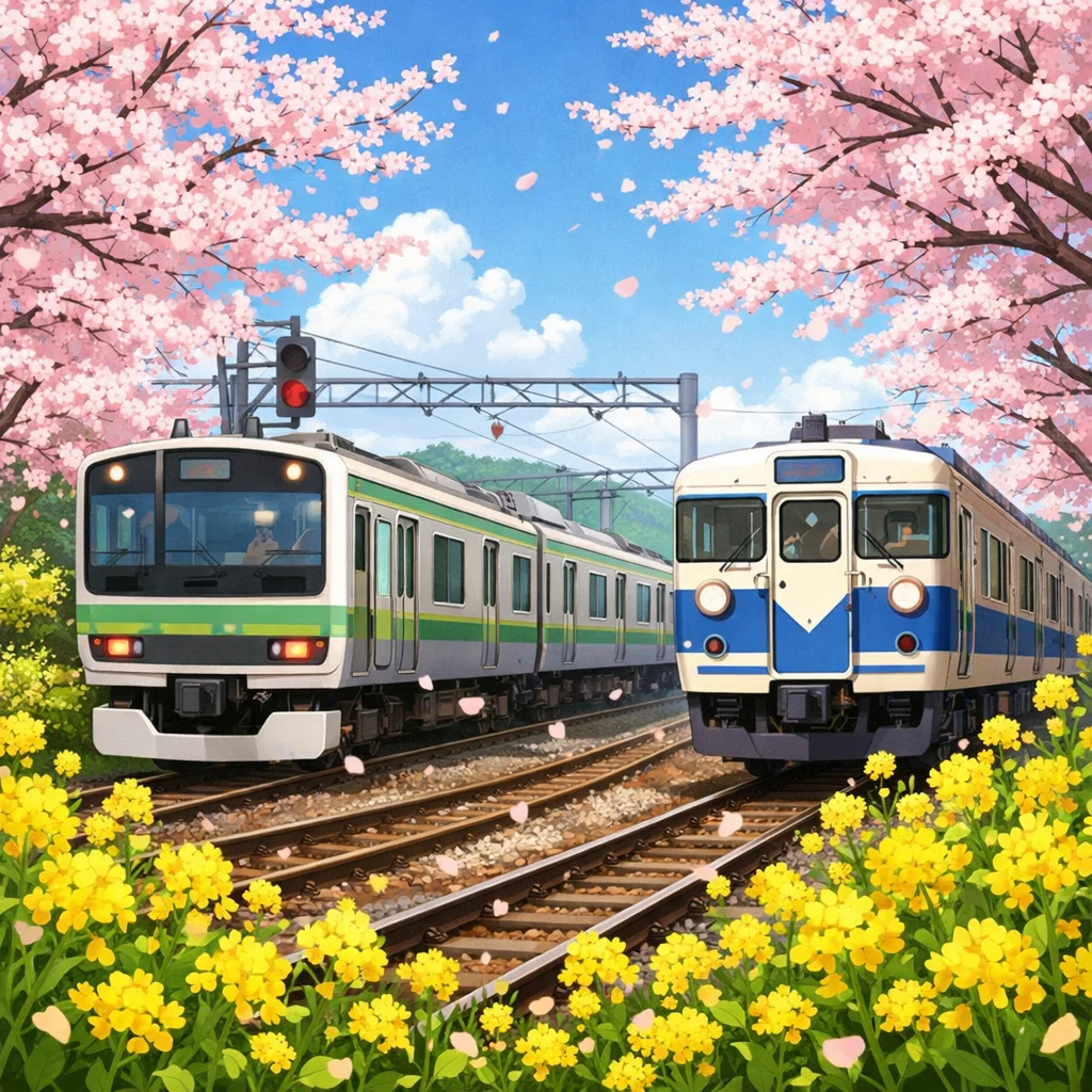 桜並木を走る舞台列車｜むぅ茶