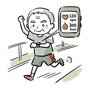 スマートウォッチで心拍数や消費カロリーを確認しながらジョギングをするアクティブシニア男性の無料イラスト。デジタル機器で健康管理を行う高齢者の手描き風フリー素材です。フィットネス関連のチラシや健康ブログの挿絵に商用OKで使えます。