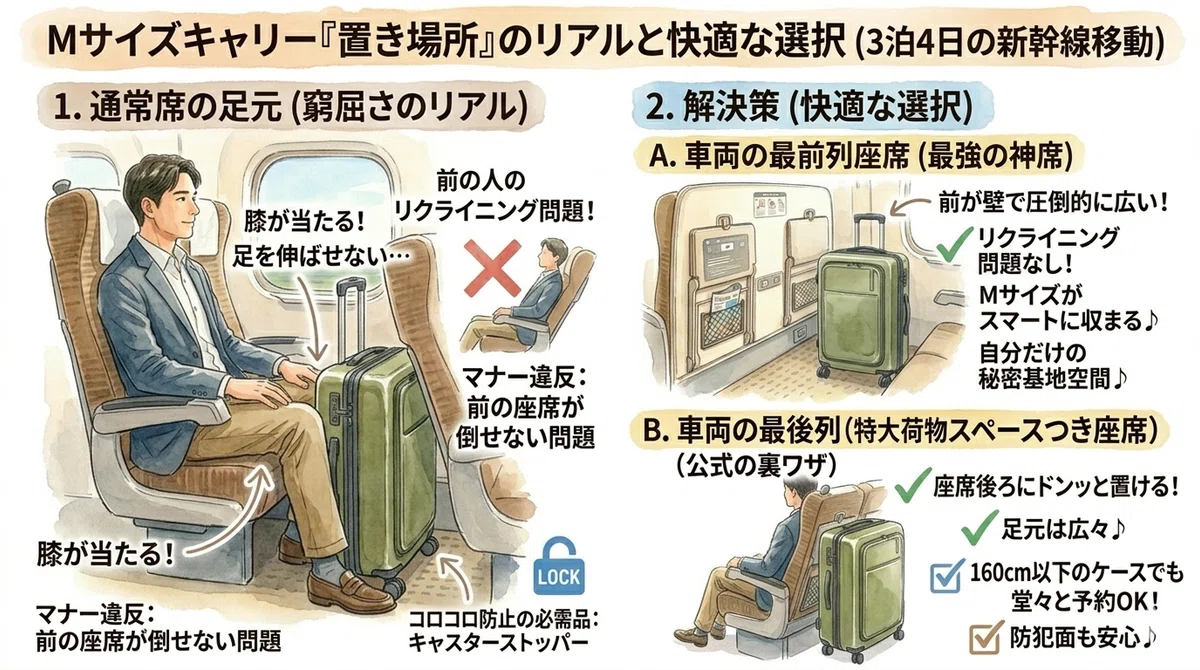 新幹線でのMサイズキャリーケースの置き場所比較。通常席の足元に置く窮屈さやマナー違反（前の座席が倒せない問題）と、快適な解決策である最前列・最後列の広いスペースを図解しています。