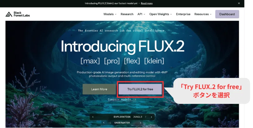 トップページから、「Try FLUX.2 for free」ボタンをクリック