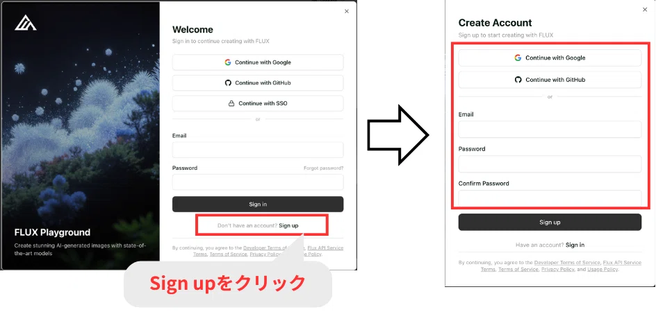「Sign up」をクリックし、外部アカウントまたはメールアドレスで登録