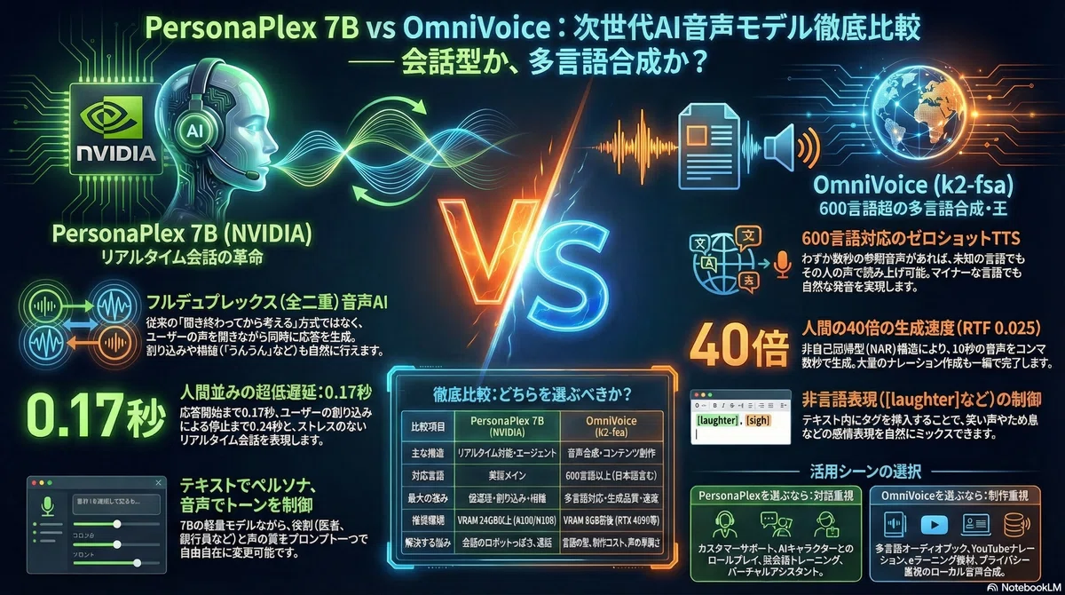 PersonaPlex 7B vs OmniVoice 徹底比較：会話型AI vs 多言語TTSの違い