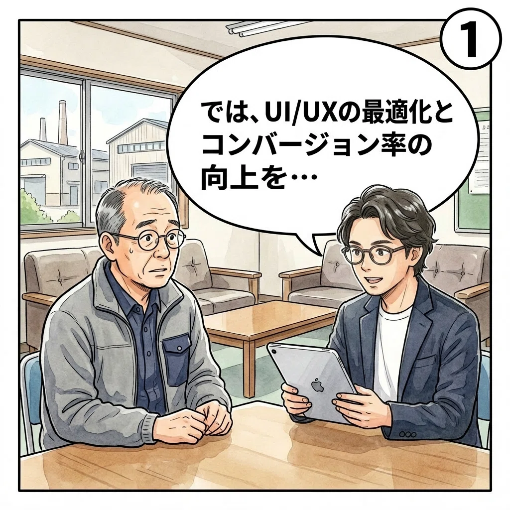 水彩画タッチの漫画。町工場の応接室で、紺色のジャケットを着た若いWeb制作担当者がタブレットを持ち、UI/UX最適化について説明している。向かいに座る60代の社長が真剣に聞いている。吹き出しに「では、UI/UXの最適化とコンバージョン率の向上を…」というセリフ。