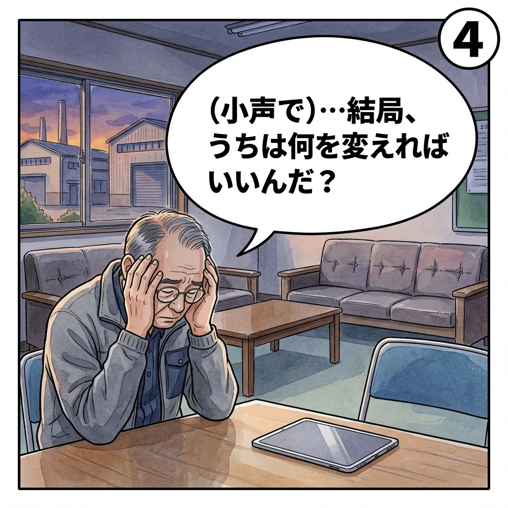 水彩画タッチの漫画。町工場の応接室に社長が一人残され、テーブルに両手をついて頭を抱えている。窓の外は夕暮れ。テーブルにはタブレットが残されている。吹き出しに「（小声で）…結局、うちは何を変えればいいんだ?」というセリフ。
