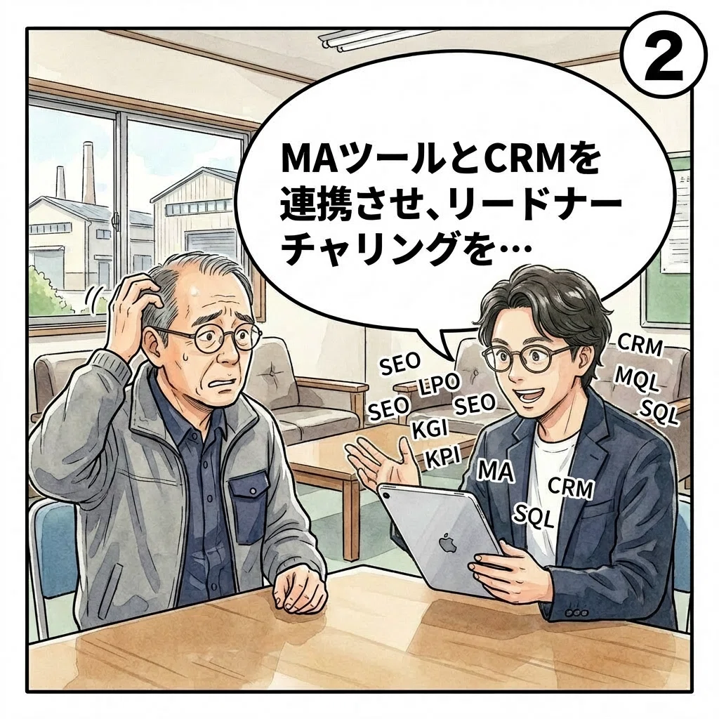 水彩画タッチの漫画。Web制作担当者が熱心に説明を続け、周囲にSEO、LPO、KGI、KPIなどの英語の専門用語が飛び交っている。社長が頭を掻きながら困惑した表情を浮かべている。吹き出しに「MAツールとCRMを連携させ、リードナーチャリングを…」というセリフ。