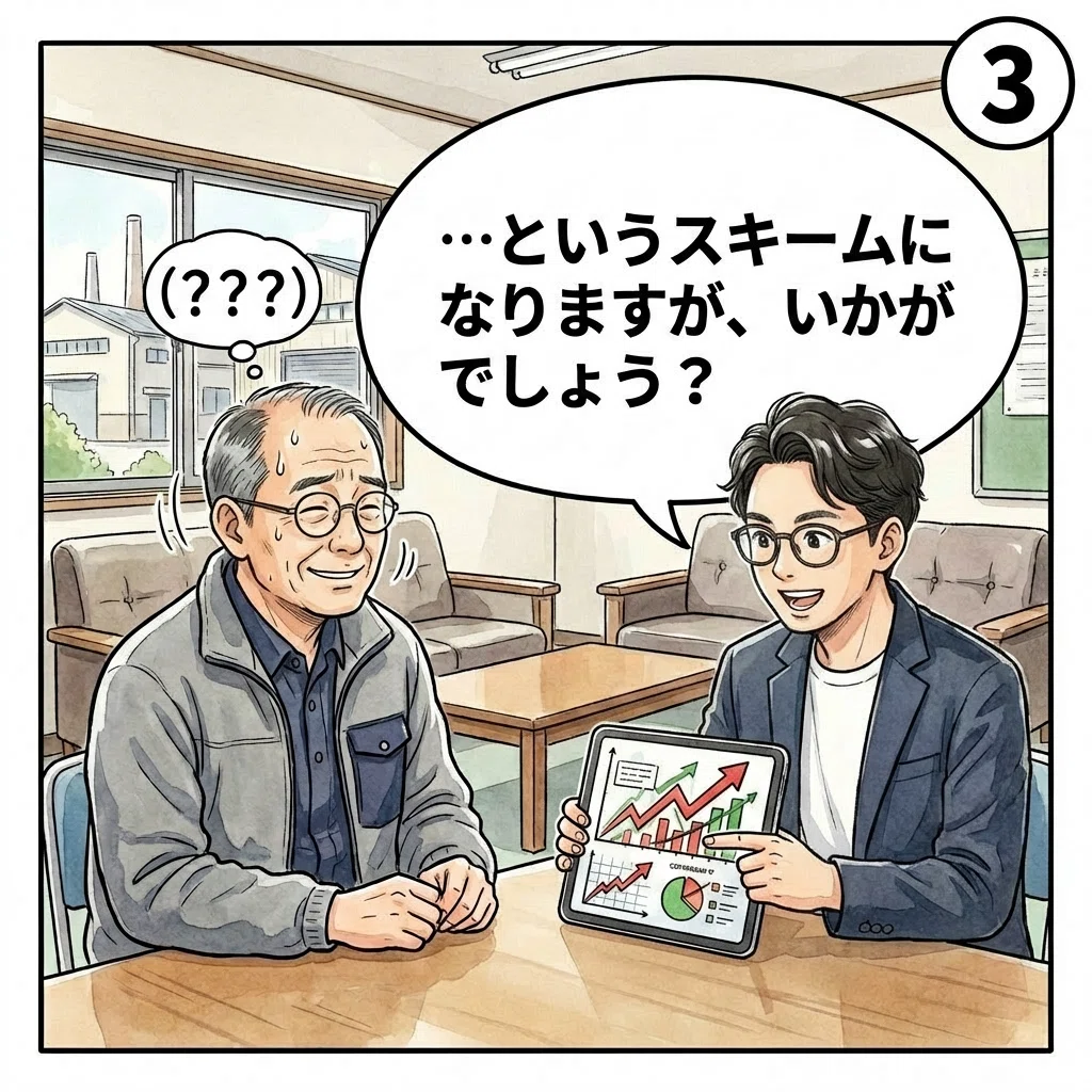 水彩画タッチの漫画。Web制作担当者がタブレットのチャートを指さして反応を求めている。社長は額に汗をかき、強張った愛想笑いで固まっている。吹き出しに「…というスキームになりますが、いかがでしょう?」というセリフ。