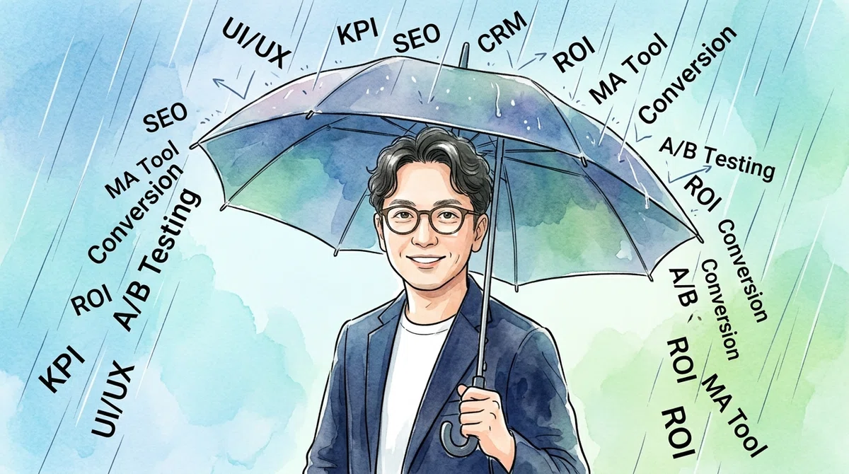 水彩画タッチのイラスト。紺色のジャケットを着た男性が傘を差して、上から降り注ぐ英語のビジネス用語(UI/UX、KPI、SEO、CRM、ROIなど)を防いでいる。傘が言葉を跳ね返し、人物はリラックスした表情で余裕を見せている。柔らかい青と緑の水彩画背景。専門用語の情報過多から身を守る解決策を視覚的に表現したビジネスコンセプトイラスト。