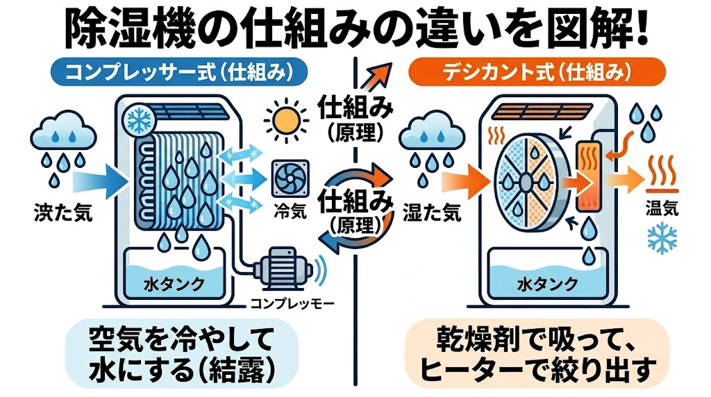 除湿機のコンプレッサー式とデシカント式7つの違い！どっちがいいか