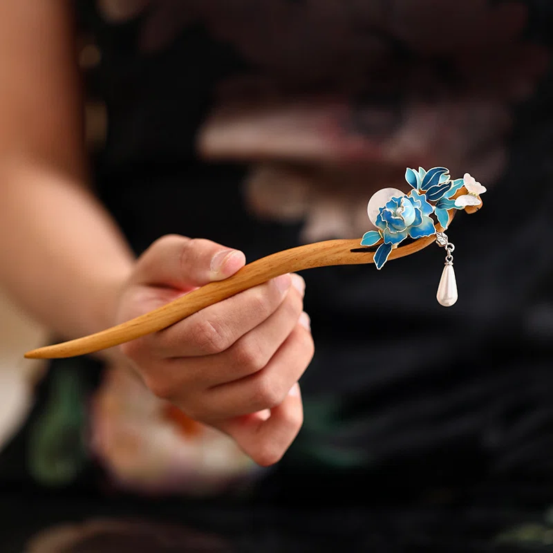 天然木製かんざし 緑檀 手作り 簪 牡丹 日常使い 着物 浴衣 髪飾り｜髪