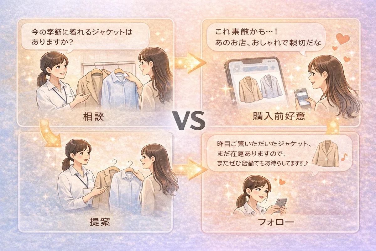 相談 → 提案 → 購入前好意 → フォロー までの接客体験フロー