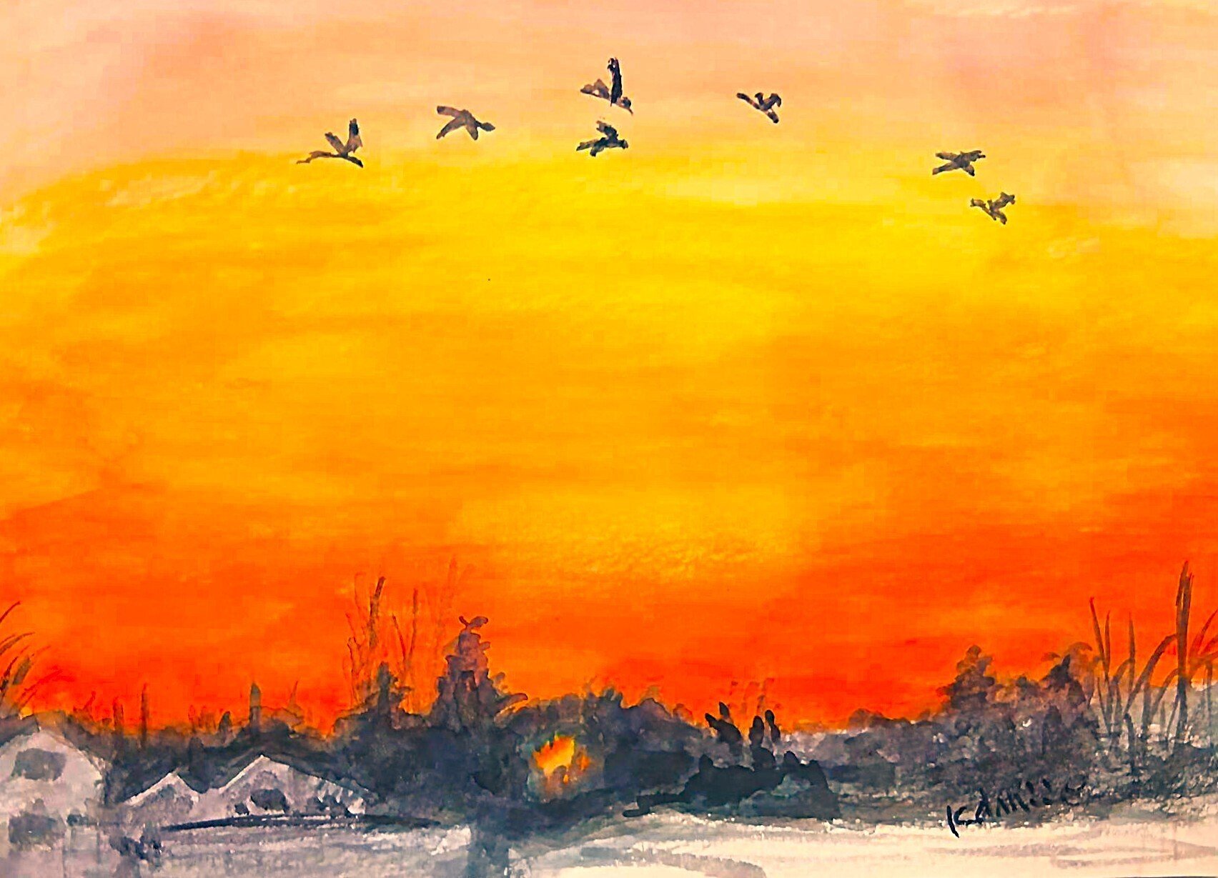 秋の風景油彩画 白鳥と黒鳥27✖️25 白鳥と黒鳥」 by NAO｜Artmeter｜暮らしを彩るアートが、きっと見つかる