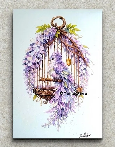 ま*ゆ様 絵画原画　（藤花の祝福）　守護を司る花のmiracle art 💜 【新作】藤の花が紡ぐ幻想「藤瑞の籠庭」— 夢の続きをさえずる庭