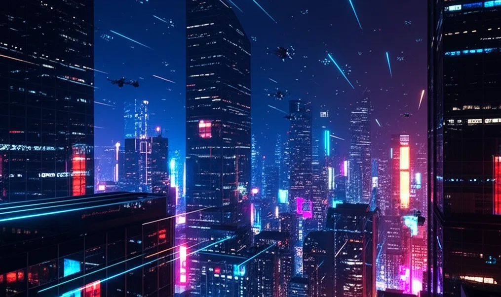 イラスト小説「コードの果て」2040年、ソラリス国。夜の首都アストラルの画像。「コードの果て」で検索!