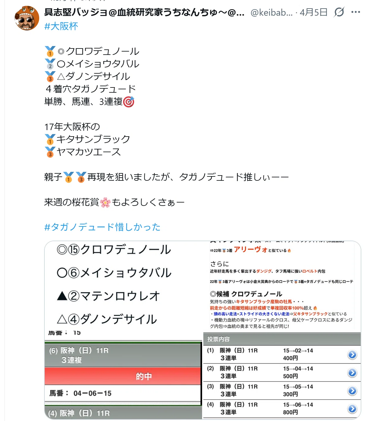 4/11（土）血統勝負レース一覧＋ちょっちゅ使える血統辞典該当馬一覧