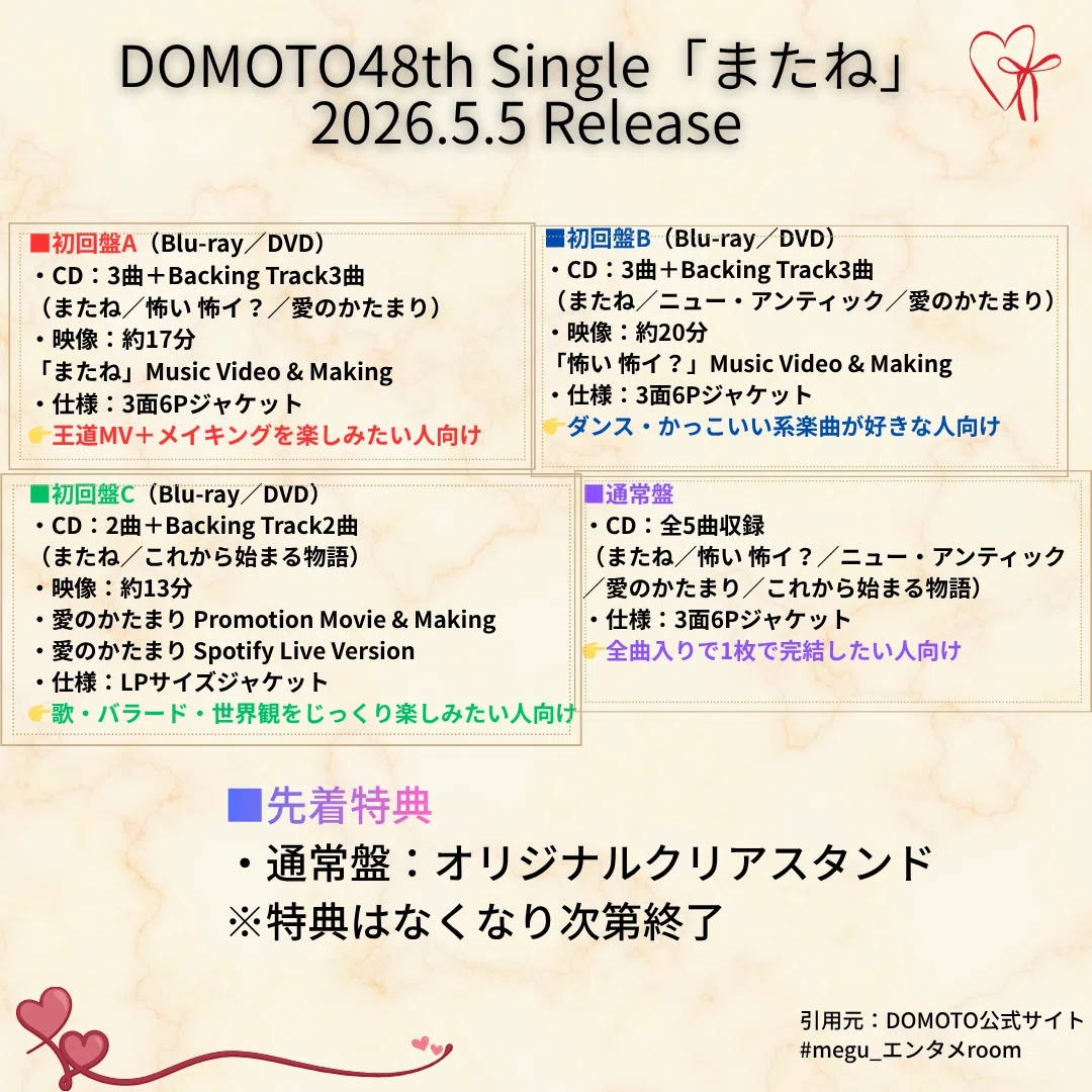 DOMOTO「またね」どれ買う？初回盤A・B・C・通常盤の違いとおすすめを