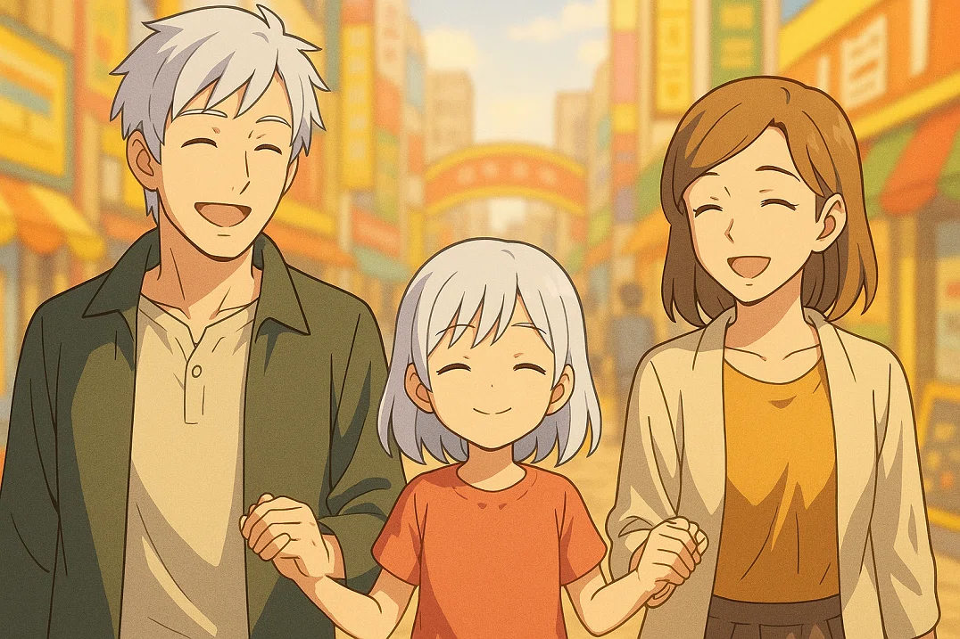 イラスト小説「コードの果て」子供時代のカシアと両親が手を繋いでショッピング街を楽しそうに歩く画像。「コードの果て」で検索!