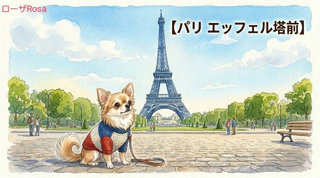 パリ、エッフェル塔前で座っているトリコロールカラーの服を着たラテ色のチワワのイラスト