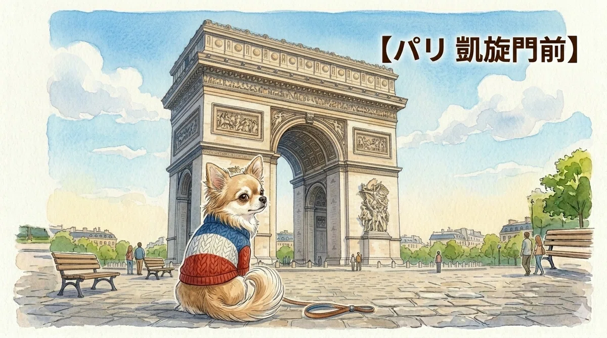 フランス、パリ凱旋門広場でトリコロールカラーの服を着て座ってるラテ色のチワワのイラスト画像