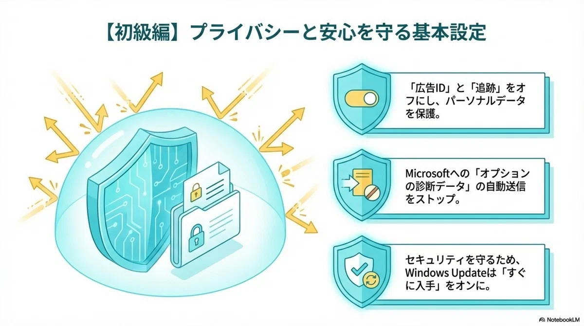 【初級編】 プライバシーと安全を守る基本設定のインフォグラフィック