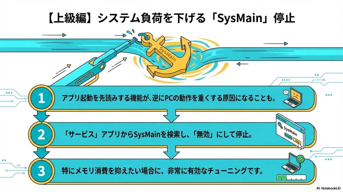 【上級編】システム負荷を下げる「SysMain」停止のインフォグラフィック