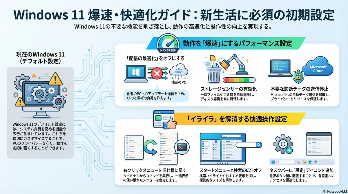 Windows 11爆速・快適化ガイド：新生活に必須の初期設定のインフォグラフィック