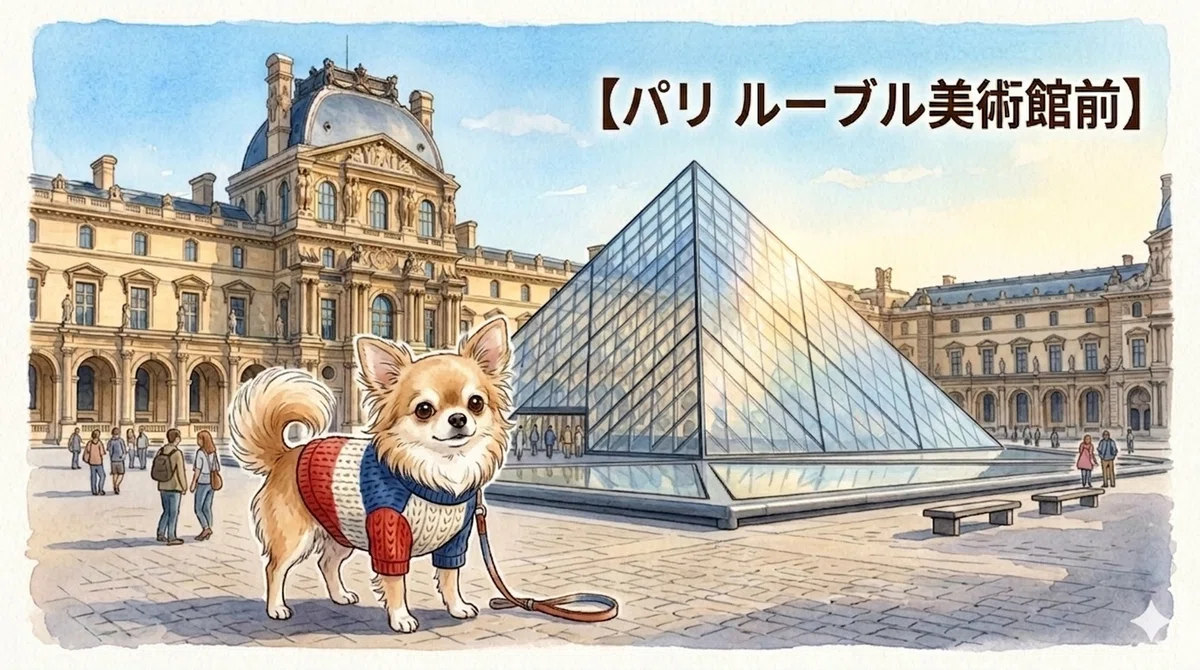 パリのルーブル美術館前でおすましして立つラテ色のチワワがトリコロールカラーの服を着ているイラスト画像