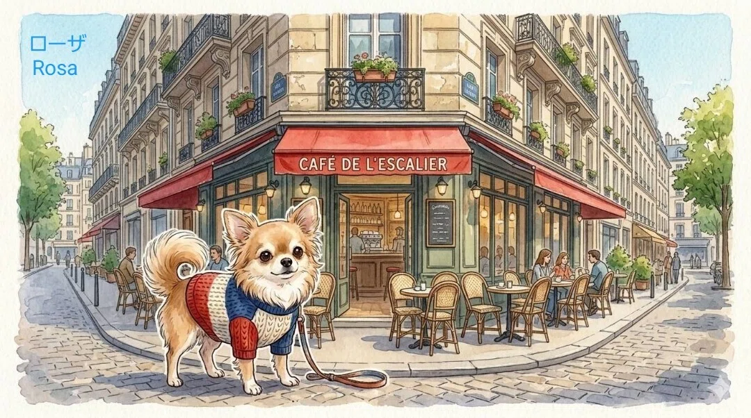 フランスパリのビストロ前に立つ、トリコロールカラーの服を着たラテ色のチワワのイラスト画像