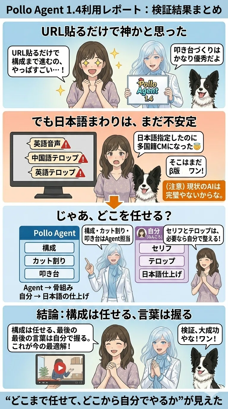【Pollo Agent 1.4】日本語音声もテロップも上手くいかない！！対処法と賢い使い方 |AI活用|生成AI|気づき|振り返り｜ねんころ ...