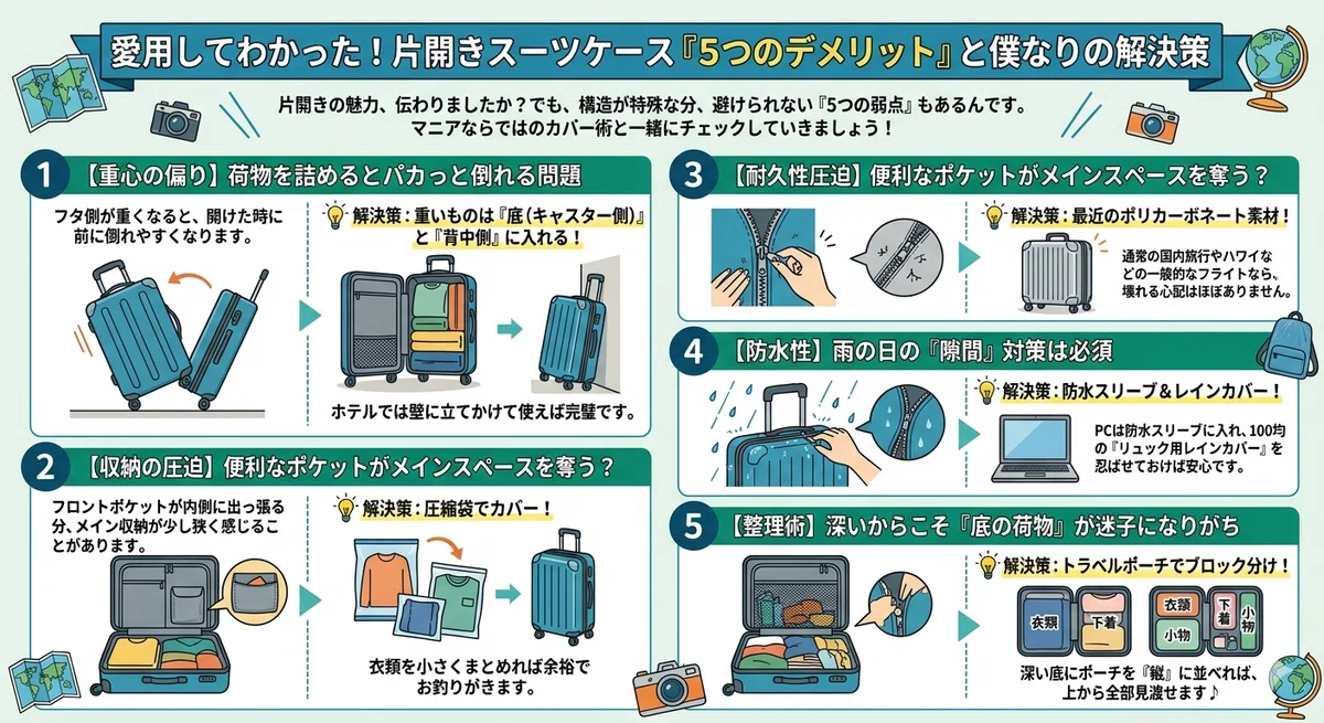 片開きスーツケースの5つのデメリットと解決策をまとめたインフォグラフィック。1: 重心の偏り(パカっと倒れる)に対し、重いものは底・背中側へ入れ、壁に立てかけて使う。2: 収納の圧迫(ポケットがメインスペースを奪う)に対し、衣類を圧縮袋で小さくまとめる。3: 耐久性圧迫に対し、最近のポリカーボネート素材の強度を信頼する(壊れる心配はない)。4: 防水性(隙間対策)に対し、PC防水スリーブとレインカバー(100均)を活用。5: 整理術(底の荷物が迷子)に対し、トラベルポーチを『縦』に並べてブロック分けする。