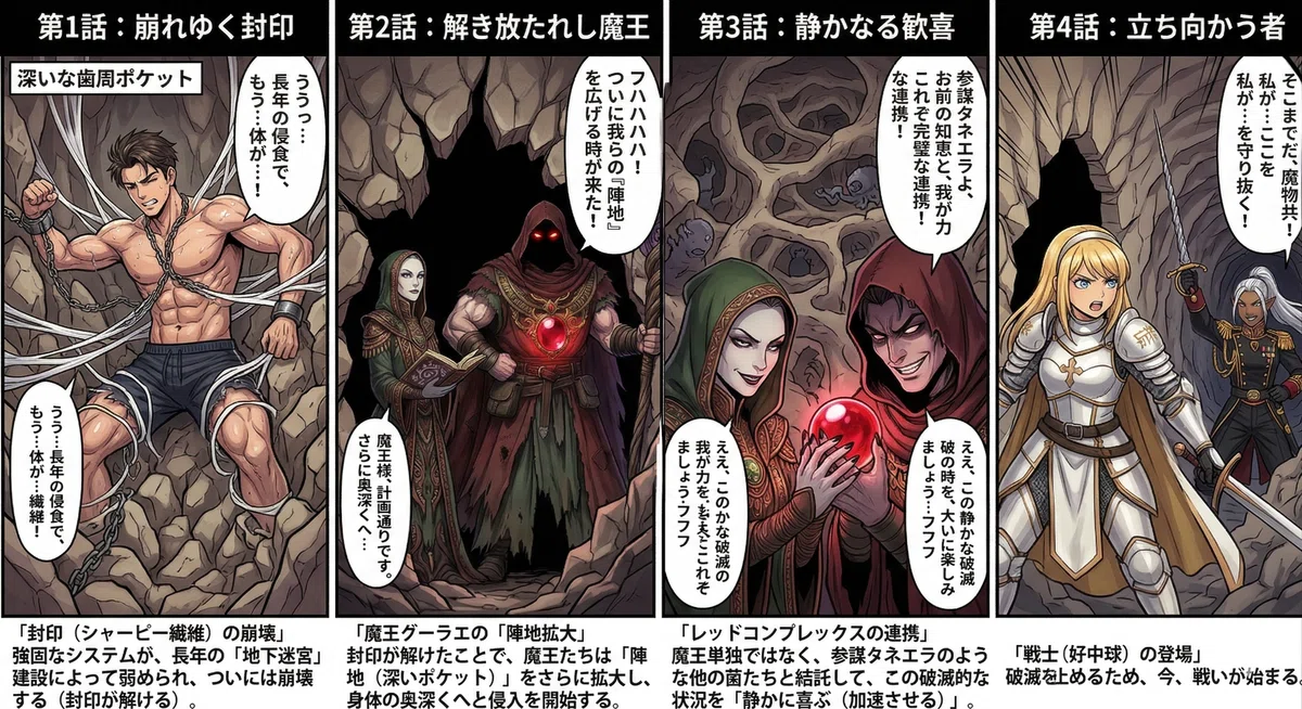 3大歯周病菌がどのような状態で活動を始めるのかの説明をしている画像
