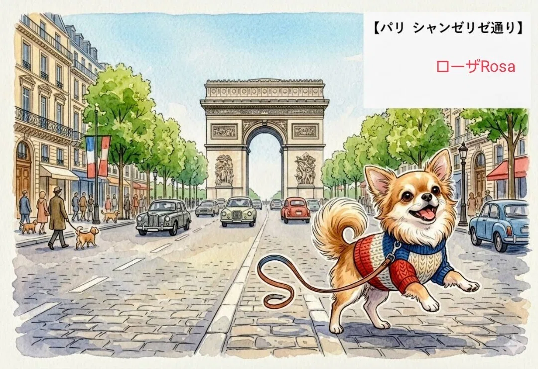 フランス、パリシャンゼリゼ通りではしゃいでるラテ色のチワワのイラスト画像