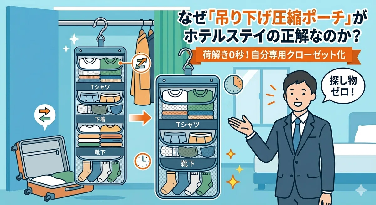 見出し「なぜ『吊り下げ圧縮ポーチ』がホテルステイの正解なのか？」のアイキャッチ画像。キャリーケースから取り出してクローゼットに掛けるだけで整理された棚になるポーチのイラストと共に、「荷解き0秒！自分専用クローゼット化」「探し物ゼロ！」というメリットを笑顔のビジネスマンが紹介しています。
