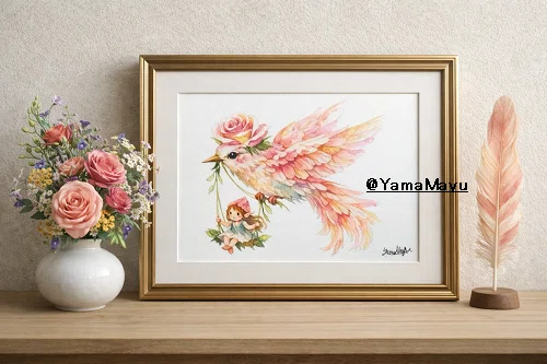 【美品・額装付き】幻想アート作品／妖精とバラのイラスト 🌹 【新作】空のガイド「薔薇冠の翼と空飛ぶ花園の案内人」— 冒険の