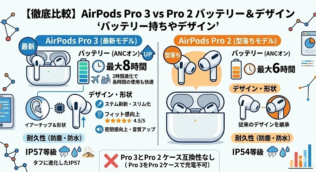 AirPods Pro3と2の違いを徹底比較！価格差や新機能から「どっちを買う