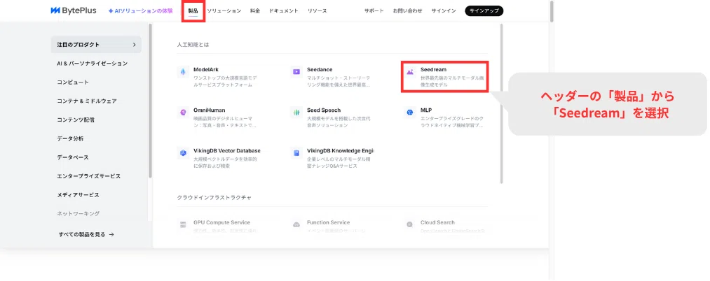 BytePlus画面から、製品→Seedreamを選択