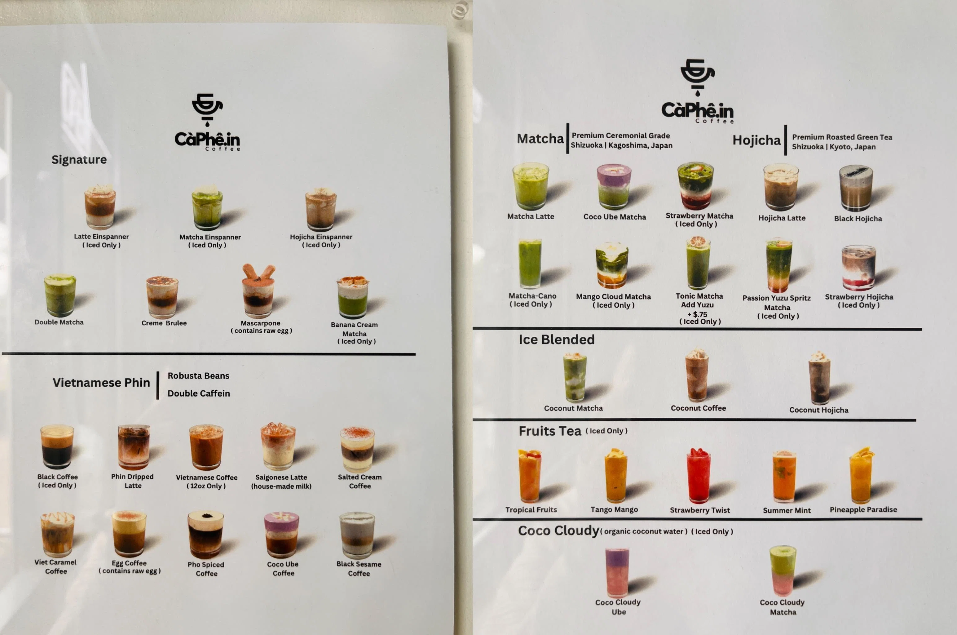 カラフルなドリンクメニュー。抹茶、ほうじ茶など親しみやすい原料も