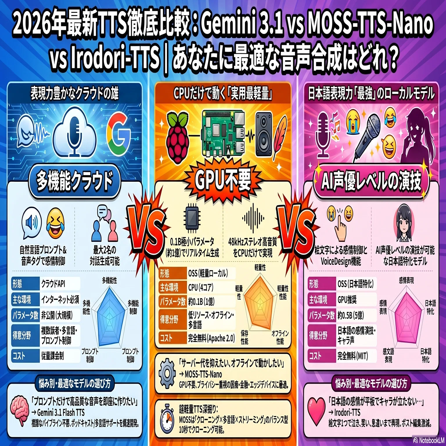 Gemini 3.1 Flash TTS と MOSS-TTS-NanoとIrodori-TTS-500M-v2で 徹底