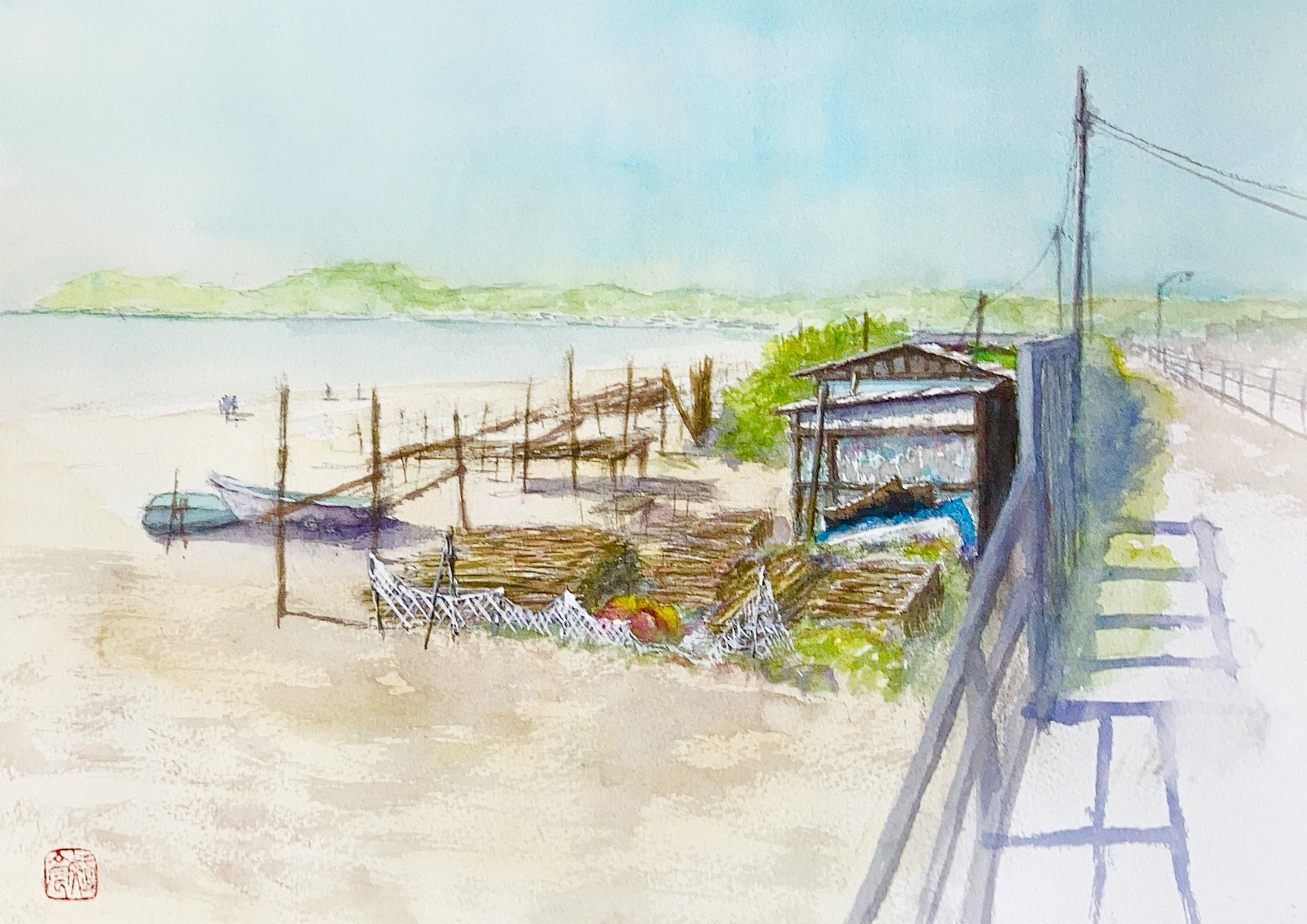 水彩画166】作業場。材木座海岸、鎌倉。お気に入りのロケーション