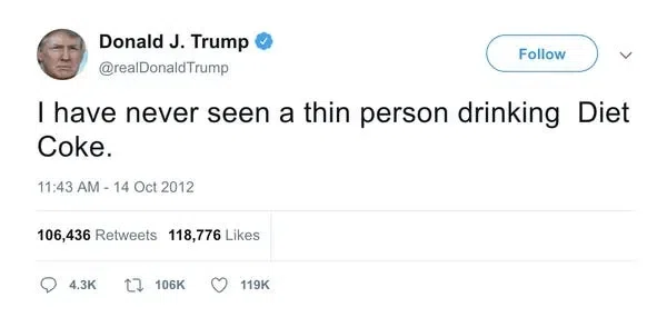 X（旧Twitter）のスクリーンショット。Donald J. Trump （@realDonaldTrump）が2012-10-14に投稿したツイート「I have never seen a thin person drinking  Diet Coke.」106,438 リツイート、 118,776ライク、4,300コメント。