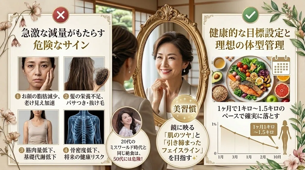 一週間で体重を5キロ減らすには?50代女性の危険な絶食と健康的に1キロ痩せる目標設定の図解