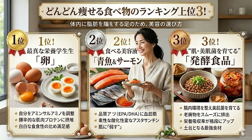 どんどん痩せる食べ物のランキング上位!基礎代謝を上げる良質なタンパク質と発酵食品の図解