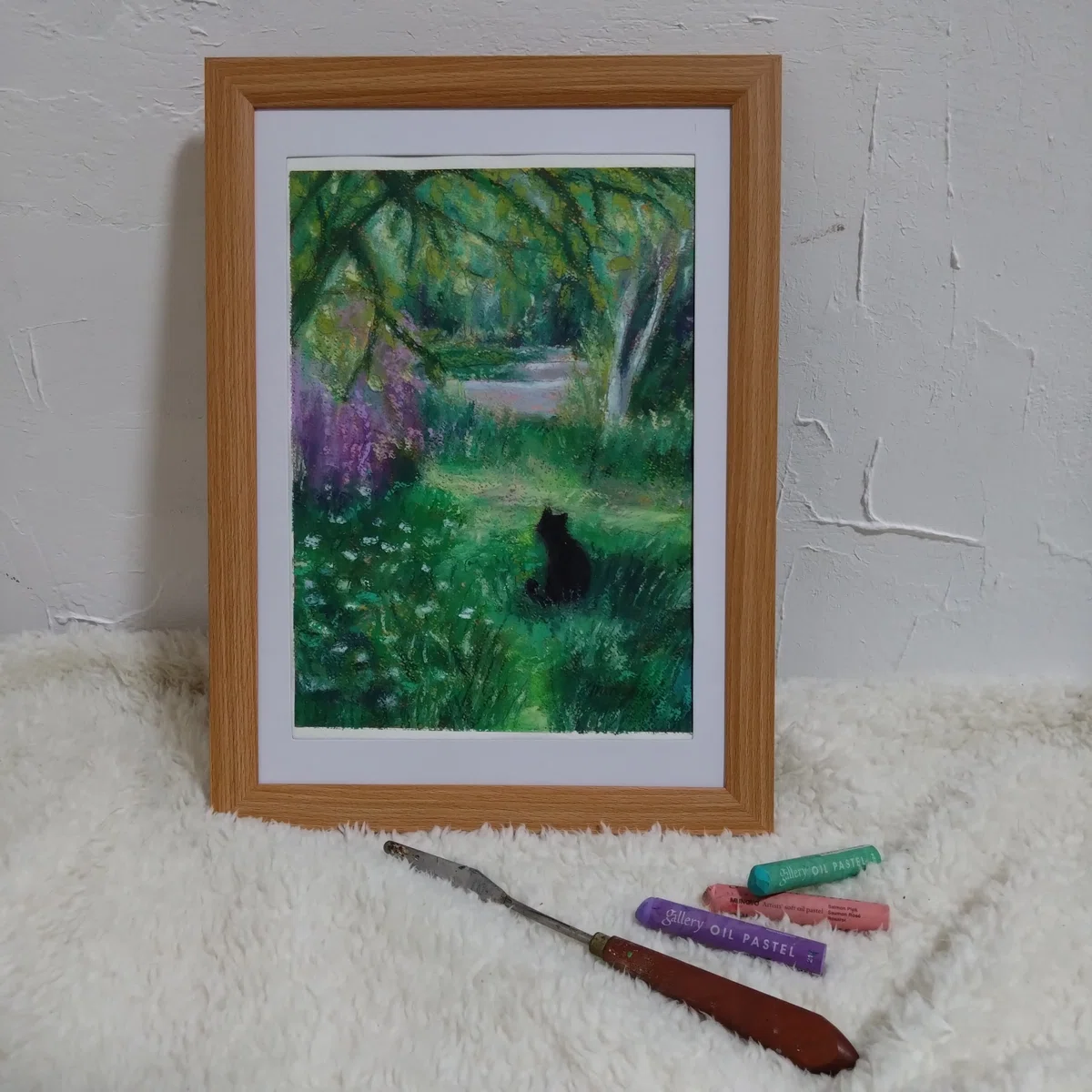 光透く若葉の呼吸| 5月の原画|季節を旅する猫とパステルの絵|オイルパステル画家 Minumie(ミヌミー)